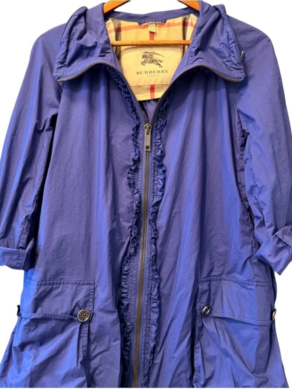 Burberry Women's Royal Blue Hooded Ruffle-Trim Trench